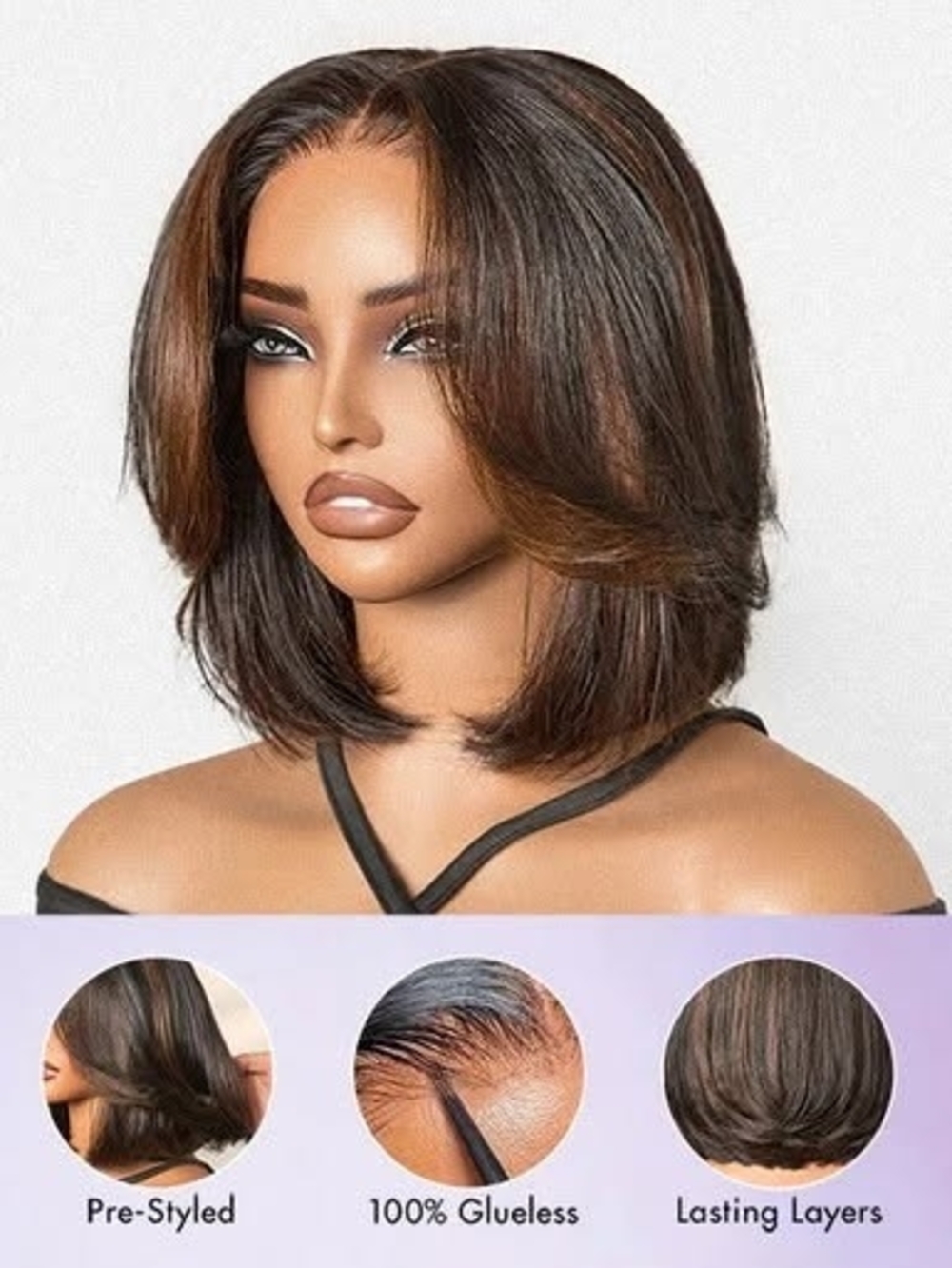 NWTB Brown Highlight  5x5 Lace Front Wig - Glueless, Pre-Styled. 100% HH. 10 In.